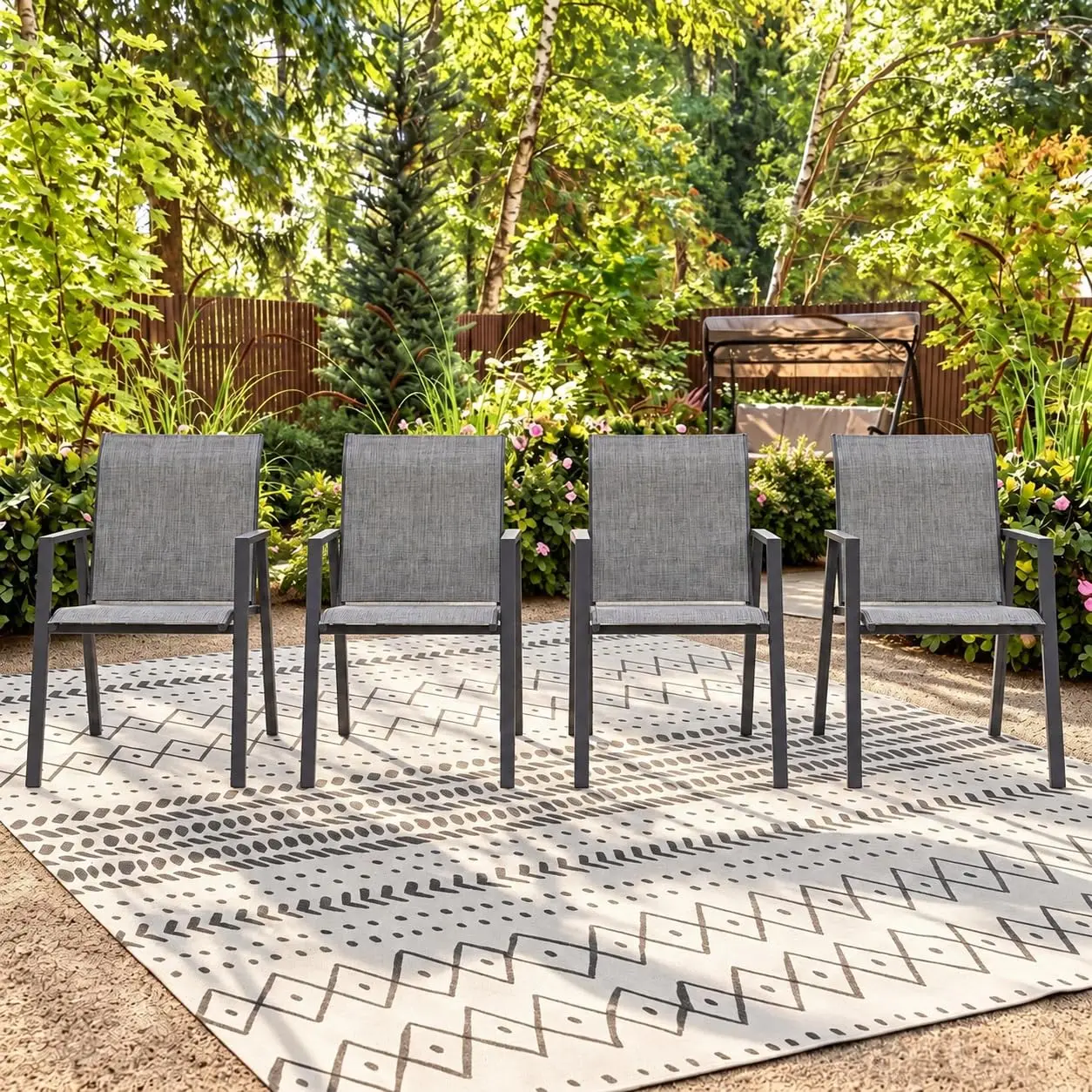 Stackable Patio Chairs Set of 4, Outdoor Dining Chairs with High Back & Metal Frame, Lightweight Sling Chair for Lawn Garden