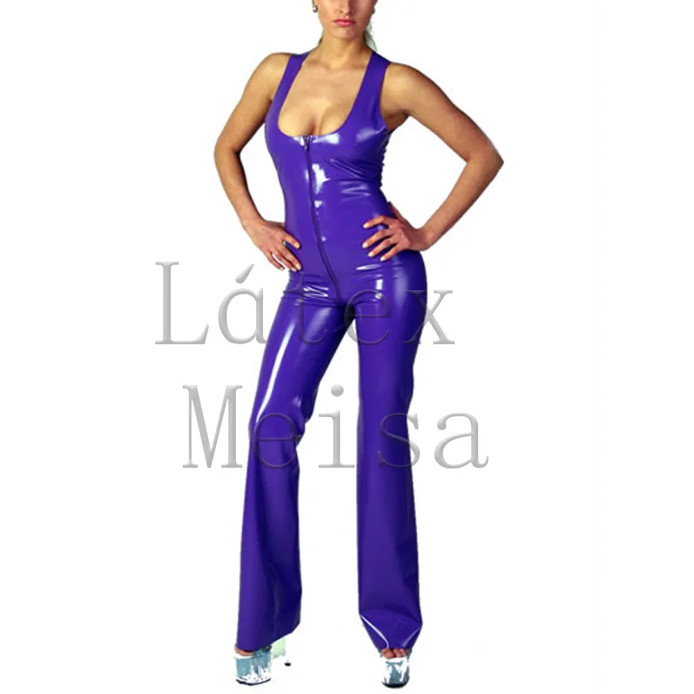 

Sexy full body latex suit with low-cut design and attached front zip to back waist in blue color for women