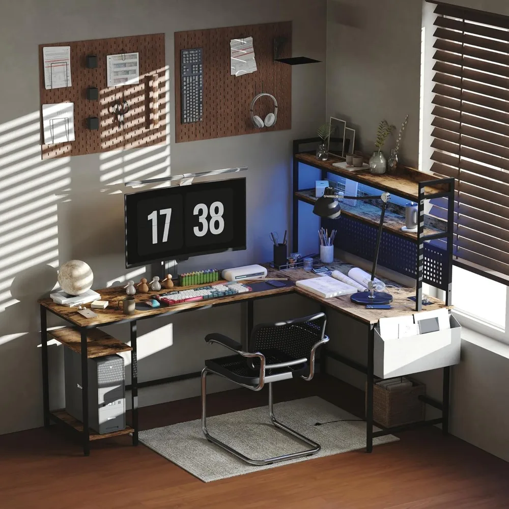 Large L Shaped Office Desk, Reversible Corner Computer Desk with Power Outlet and LED Light, Sturdy Gaming Desk with Storage Sh