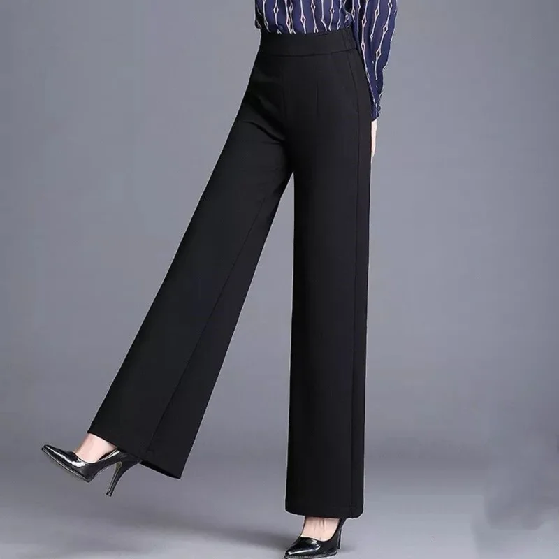 Women Autumn and Winter New Fashion Elegant High Waist Elasticity Flared Pants Solid Color Pockets Casual Appears Thin Trousers