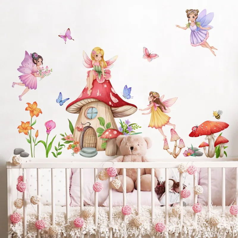 cartoon mushroom castle wall sticker for nursery self adhesive kids room cute fairy wall decal