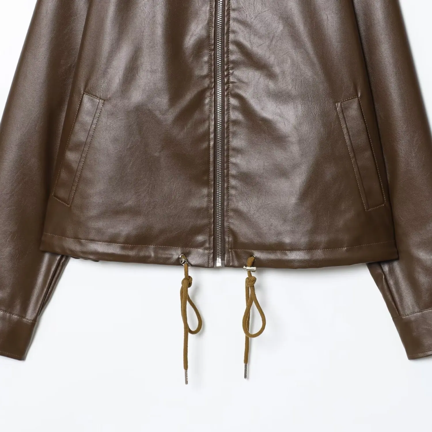 Faionable, chaqueta holgada de cuero PU con cremallera, cuello Dstring para mujer, prendas de vestir exteriores con tapa, calidez para todas las estaciones, hecha en China