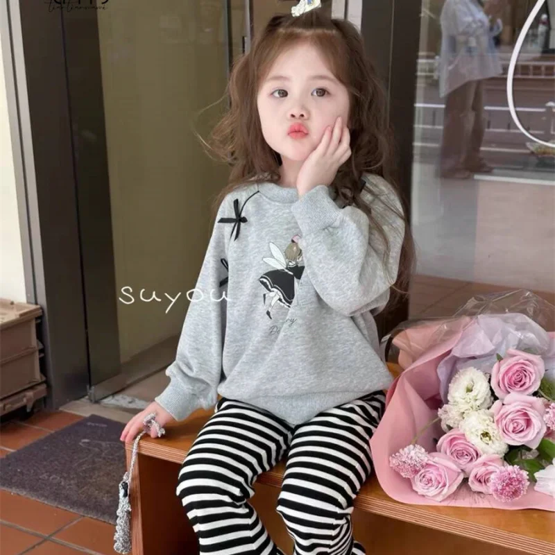 

01-Girls Suit2025Autumn New Style Toddler Little Girl Bow Sweatshirt Striped Casual Pants Trendy