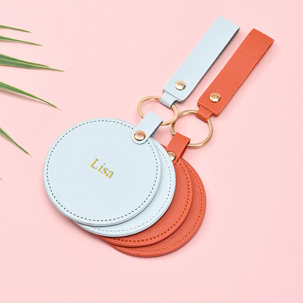 Customized Name Round PU Leather Makeup Mirror That Rotates With You, Small Leather Mirror for Portability and Convenience