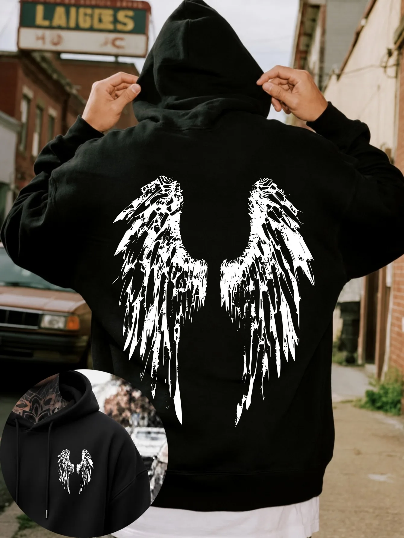 Men's Halloween Distressed Angel Wings Graphic Pullover Hoodie Streetwear Autumn Winter Sweatshirt