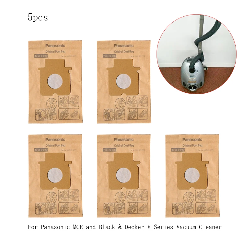 5PCS Panasonic C-2E C-20E MC-E Series Vacuum Cleaner Dust Bags，Black & Decker V11 | V34 | V72 Series Thickened Paper Bags