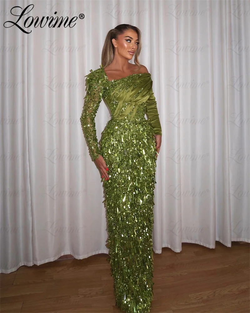 Green Sequined Long Sleeves Formal Evening Dress 2024 Mermaid Aso Ebi Mermaid Prom Dresses Party Second Reception Birthday Dress