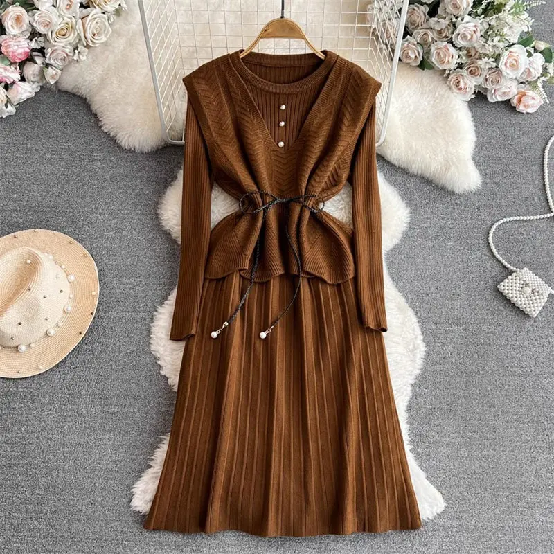 

2023 Autumn Winter Women's Sweater Korean V-Neck Vest Coat Two Piece New In Matching Sets Long Sleeve A-Line Knitted Dress Z3045