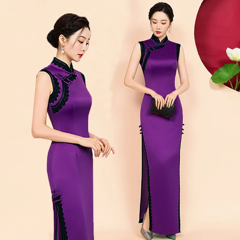 

Ele Long New Sle Purple Svel Qipao 2023 Spring Retro Chinese Aosphere High End Walk ow Girl