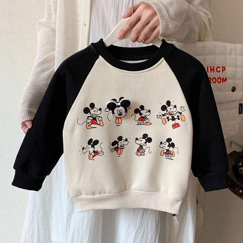 

Kids Cartoon Fleece Hoodies Boys and Girls' Long Sleeved Contrasting Sweatshirt Autumn Winter Children's Warm Velvet Pullovers