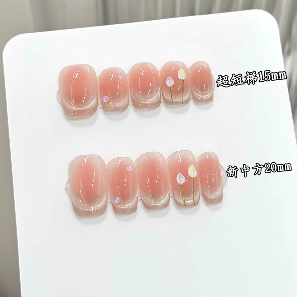 

10 шт., ручная работа, улыбка, французский кошачий глаз, пресс для ногтей, розовые румяна, милая девушка, накладные ногти, носимые короткие труны, накладные ногти