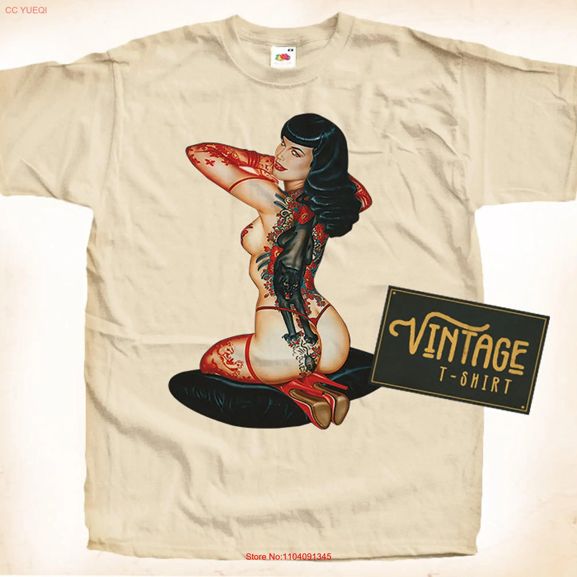 Bettie Page V4 T Shirt Vintage Natural color Men's DTG Digital Print SIZES S M L XL 2XL 3XL 4XL 5XL long or short sleeves