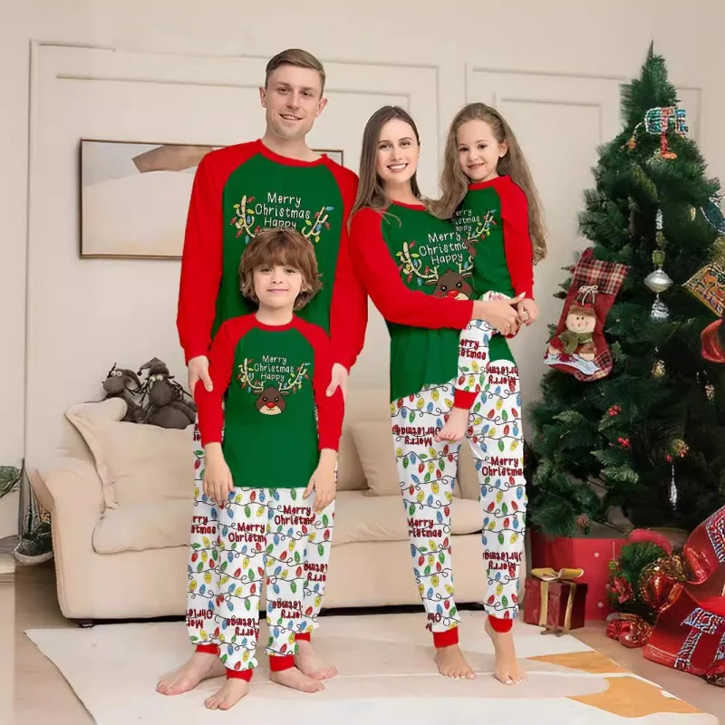 Xmas Family Matching Pajamas Set Cute Cartoon Merry Christmas Antler Print Adult Kids Warm Pajamas Baby Jumpsuit Dog Clothes