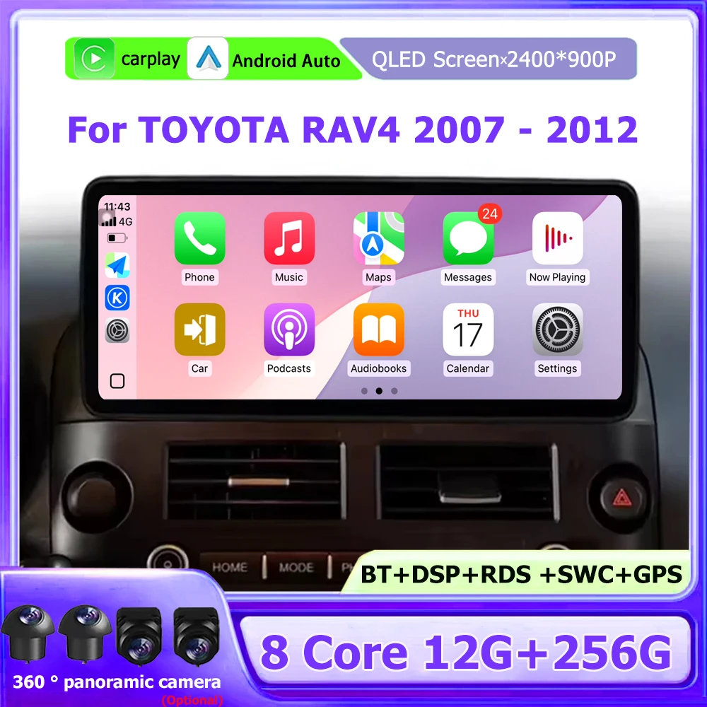 Android 16 Auto For TOYOTA RAV4 2007-2012 Car Multimedia Player GPS Navigation Stereo Wireless CarPlay Bluetooth WIFI 360 Camera