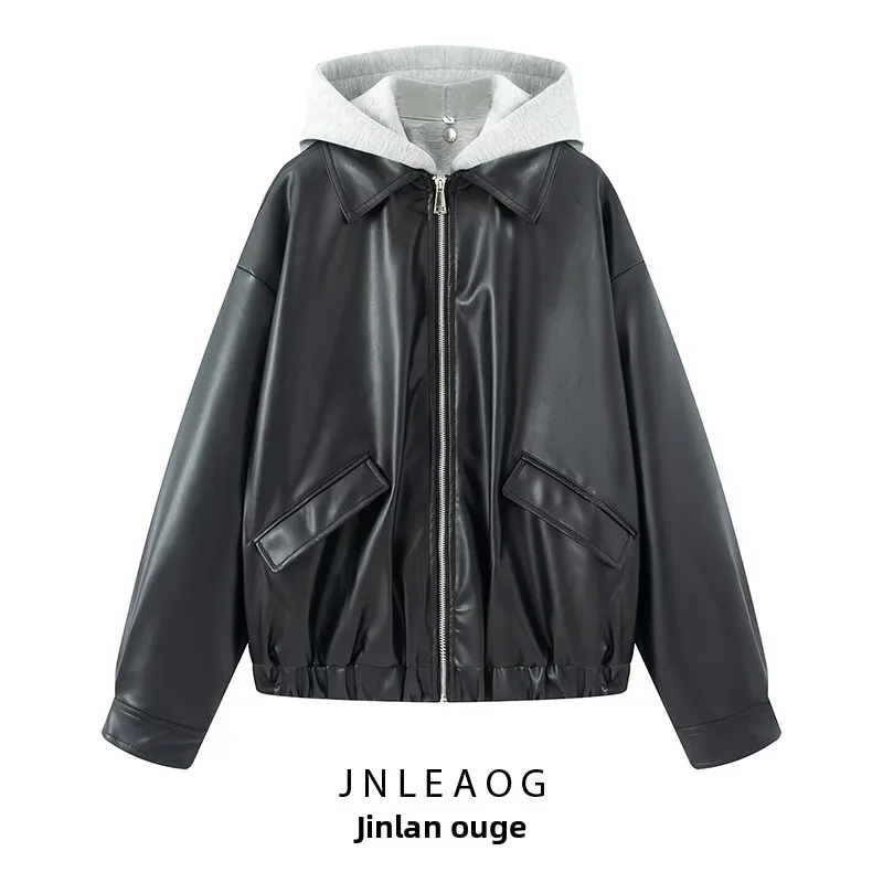 

JNLEAOG Autumn New Faionable PU Leather Jaet Women's Hat Splicing Design All-Match Long Sve Zipper Closure Coat