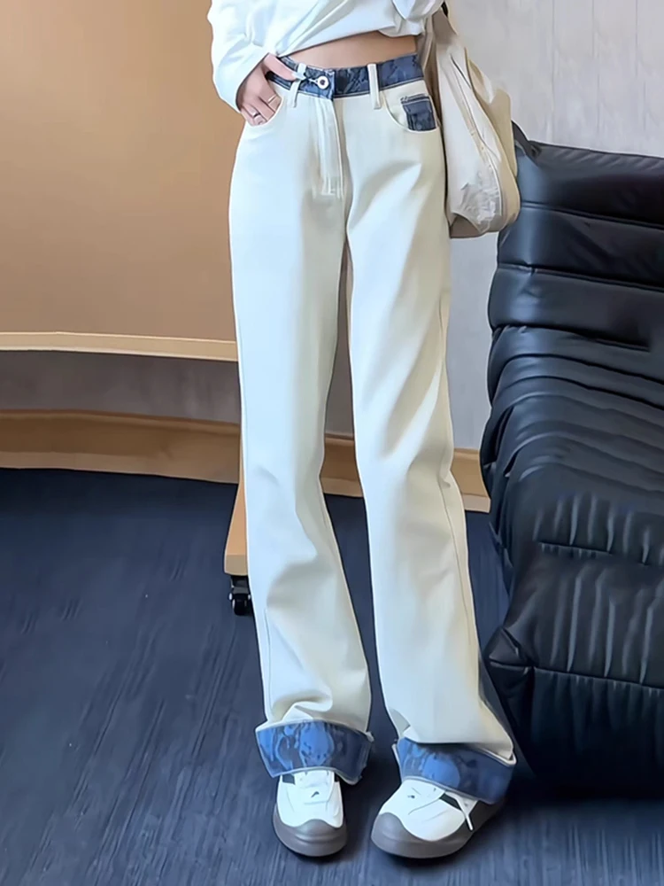 

High Waist Straight Leg Snake Print Patchwork Color Blo Men's Jeans Cotton Polyester Blend Casual Straight Tube Long Trousers