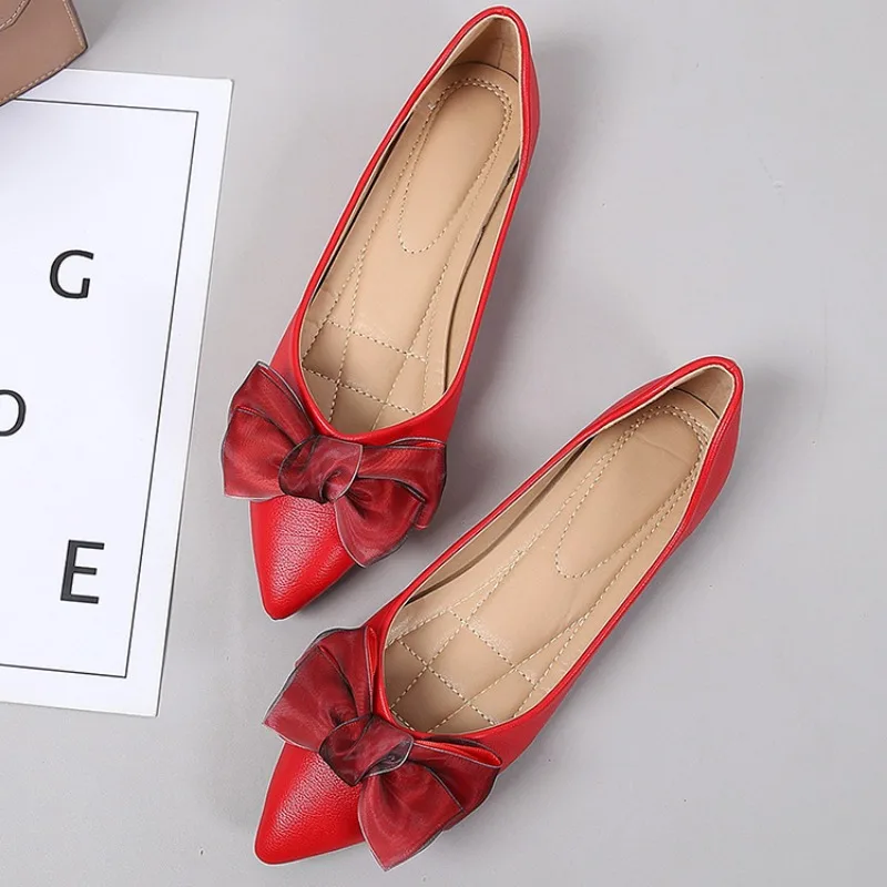 Women Flats Bowtie Pointed Toe Shoes Female Red Walking Dress Shoes Spring Fashion Casual Flat Shallow Zapatillas Mujer