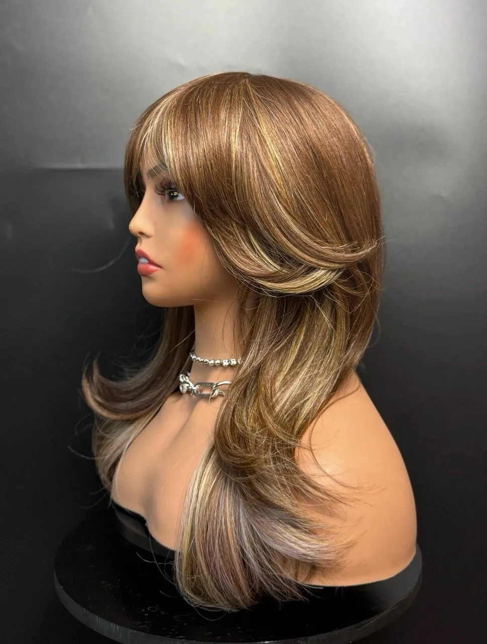 

Balayage Wig With Bangs Honey Blonde Golden Ombre Highlights Wavy Layered 20in