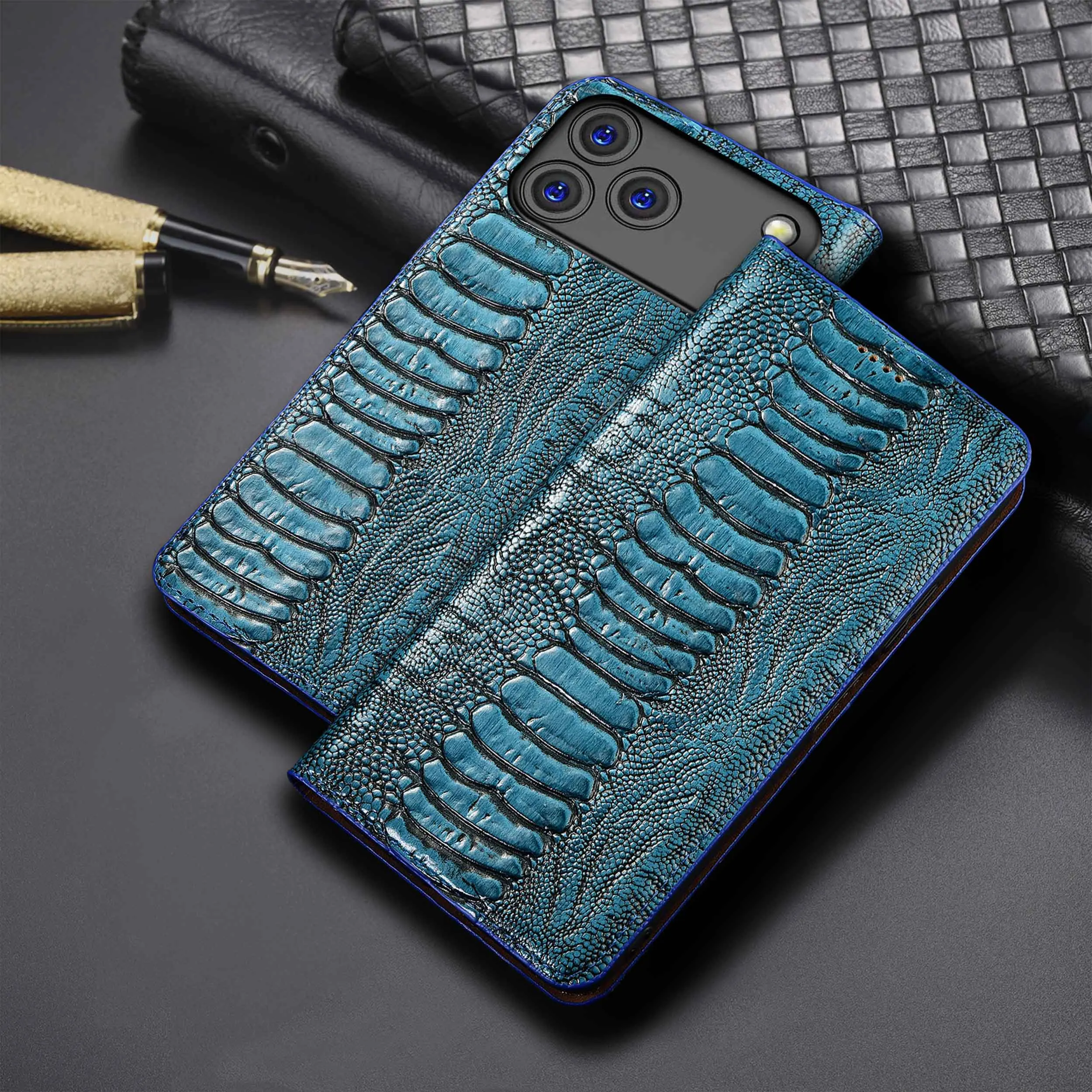 

For Apple iphone 11 12 13 14 15 16 16e 17 Pro Max Plus Air Mini Ostrich Feet Pattern Of Genuine Leather Flip Phone Case Cowhide