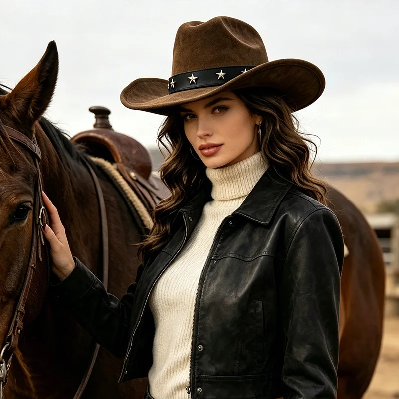 Women Wide‑brim Western Cowboy Felt Hat, All‑season Vintage Fashion Statement Fedora Cap