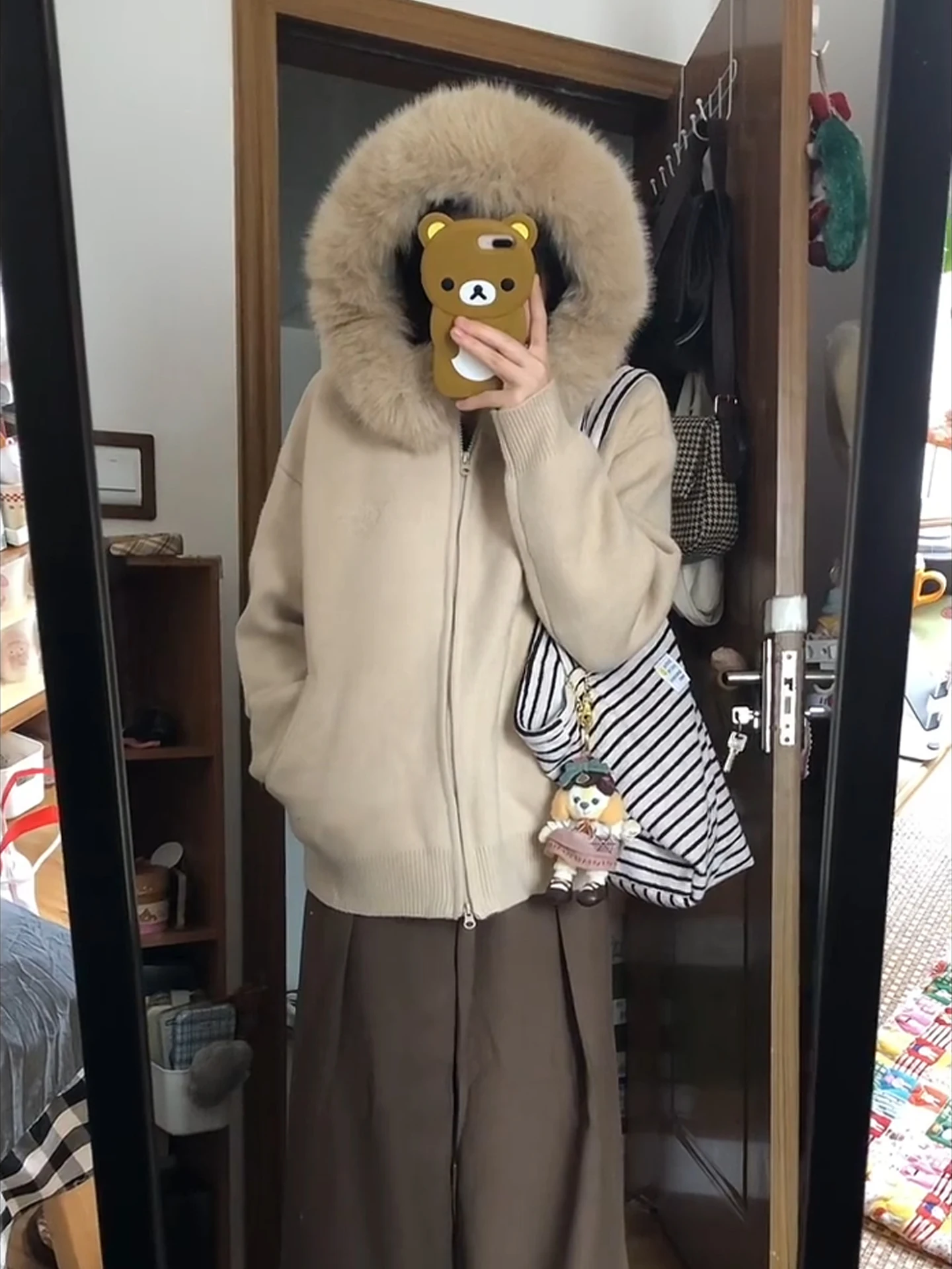 Coreano sle cáqui com capuz camisola de malha casaco feminino outono inverno macio aconchegante aberto cardigan grande gola de pele preguiçoso faion