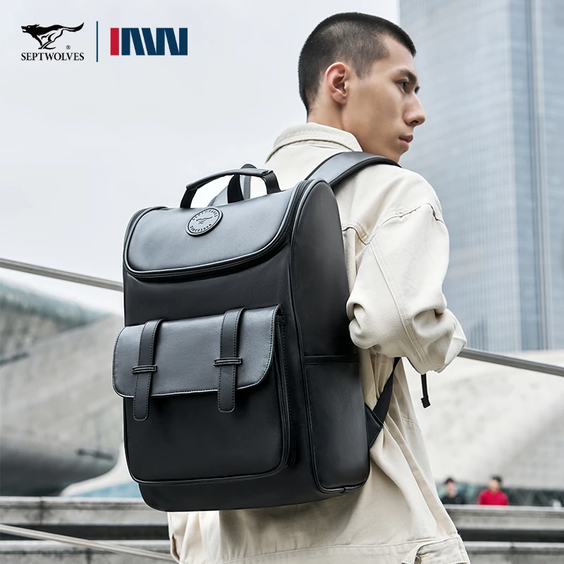Septwolves Waterproof Leather Laptop Backpack Man Business Travel School Back Pack Comfortable Widen Shoulder Strap Bagpack