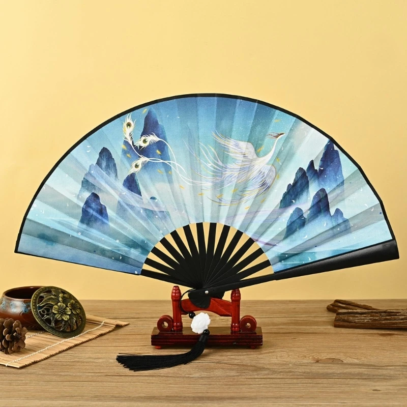 Handheld Folding Fan Elegant Chinese Vintage Painting Double Sided Hand Fan with Tassels for Dance Home Decorations