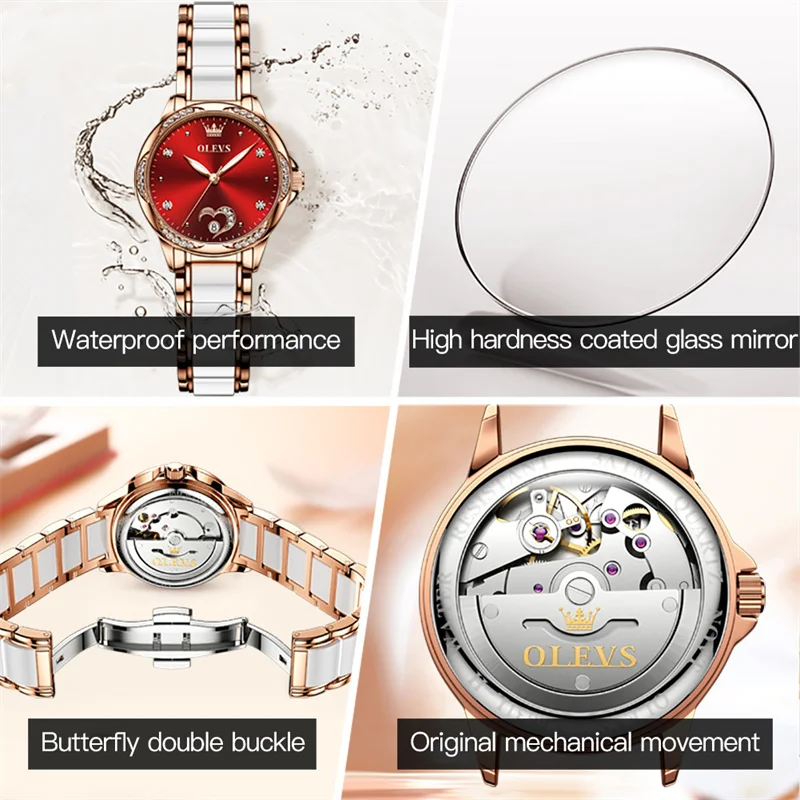 OLEVS-relojes mecánicos automáticos para Mujer, Reloj de pulsera de acero de cerámica creativa, nuevo