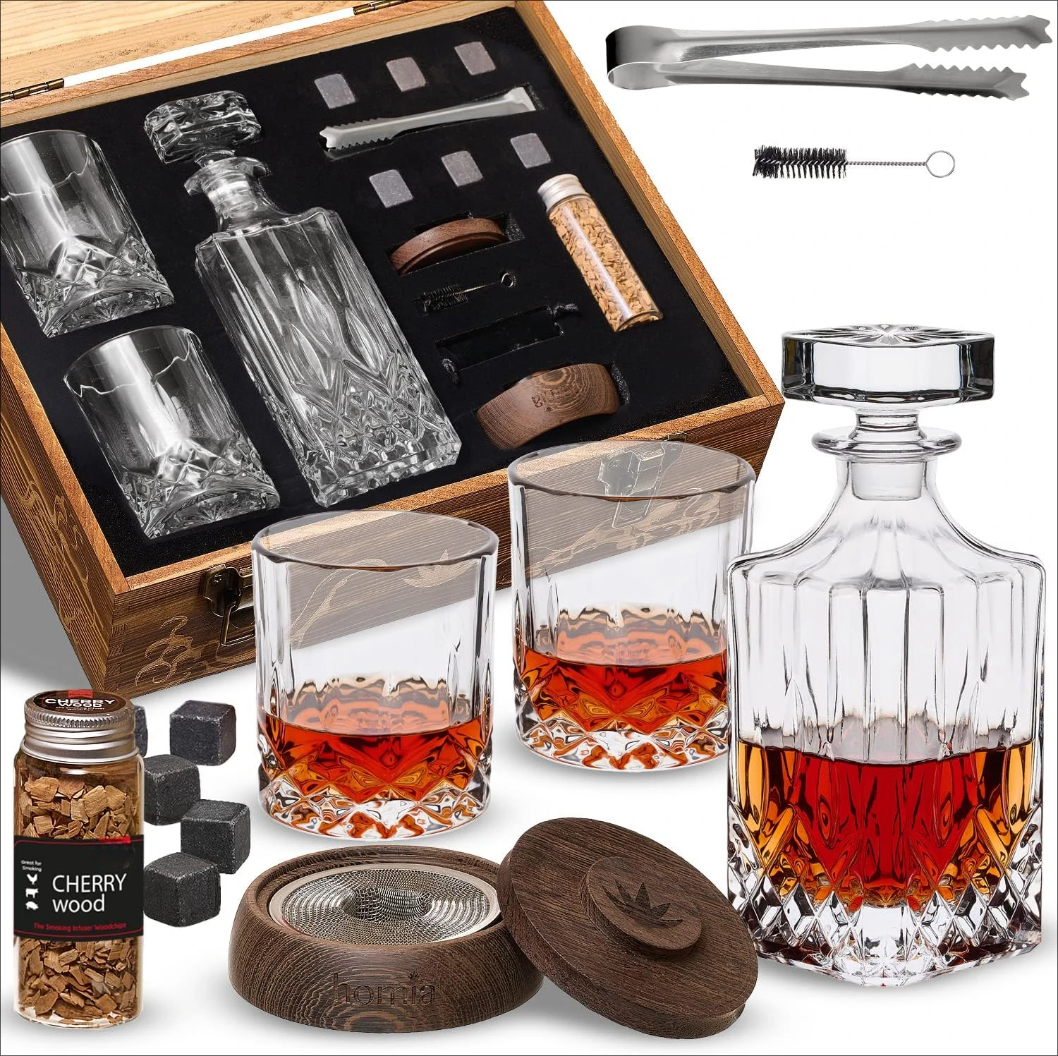 Whiskey Gift Set, 14 pcs - Whiskey Decanter + Wooden Smoker + Old Fashioned Glasses - 2 pcs, in Wooden Box with Wood Chips