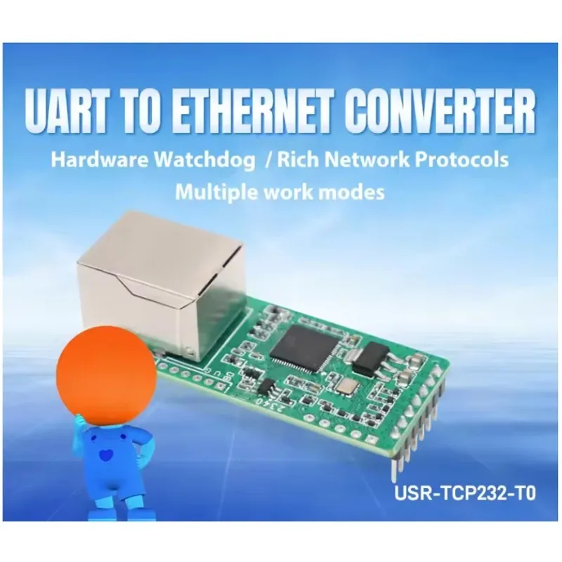 PUSR TTL to Ethernet Mini Module Plug-in Package Design with 1 * TTL 1 * RJ45 10Mbps ETH TCP232-T0