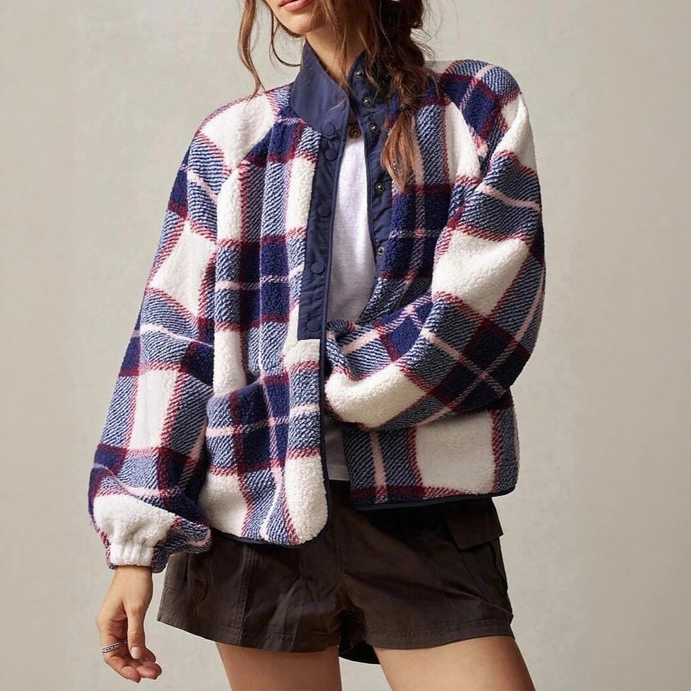 

Теплый двусторонний флисовый клетчатый кардиган с длинными рукавами, повседневная женская куртка, шерстяная верхняя одежда, модный бестселлер