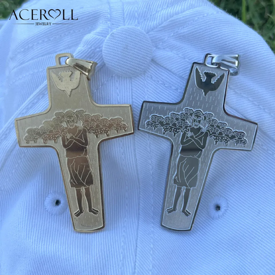 ACEROLL Catholic stainless steel pendant of the Shepherds\' Cross, the Pope\'s Cross