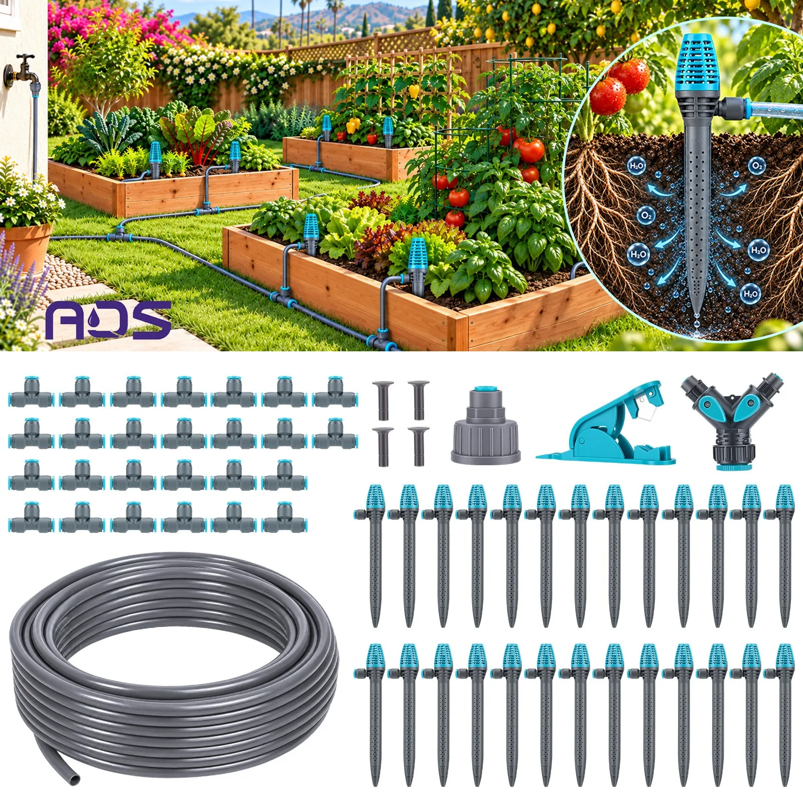 Deep Root Drip Irrigation Stake Kit, 2.3-4.8L/H, DIY Auto Root Watering & Aeration for Garden, Raised Bed, Pot