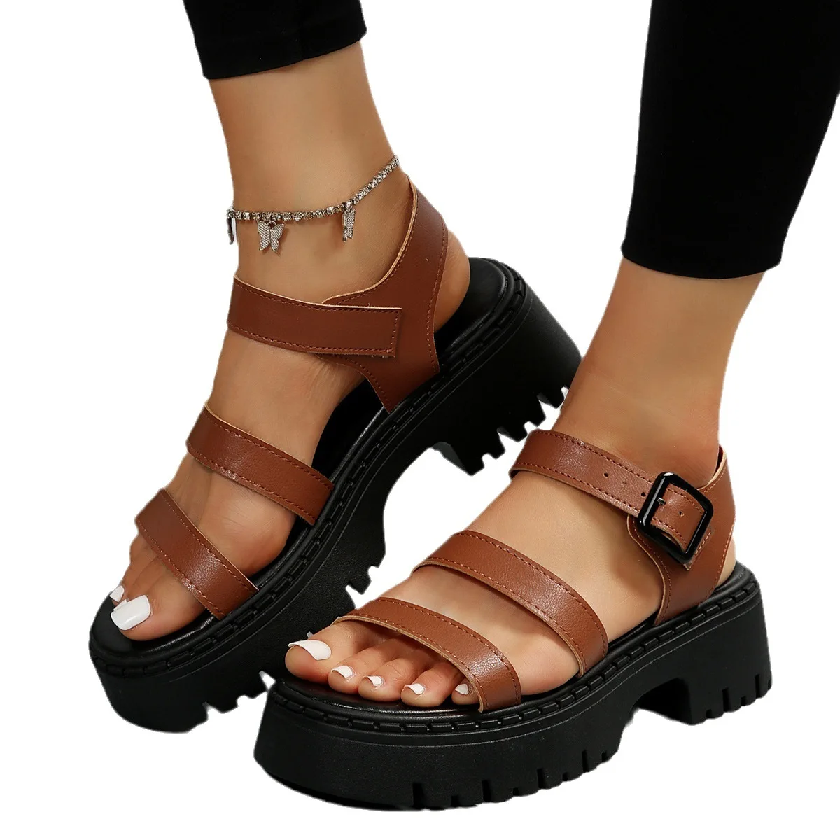 Black Platform Wedge Punk Sandals Women Summer PU Leather Thick Sole Sandals Woman Buckle Strap Non Slip Roman Shoes 43 Size 39