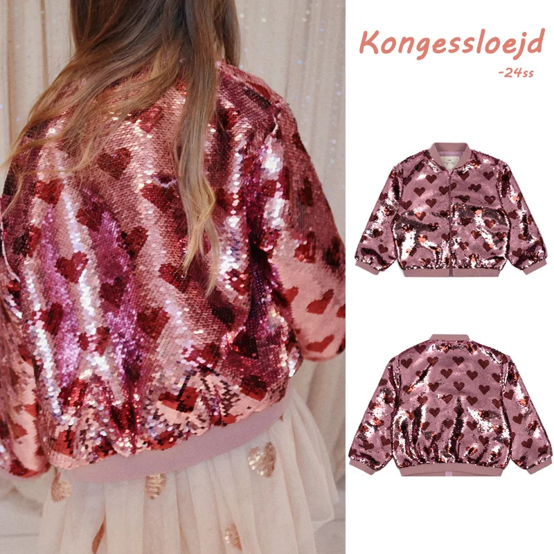 2024 Spring/Autumn New Children\'s Clothes Wear Ks Love Sequin Girls\' Coat Mother Kids Glitter Jacket Cute