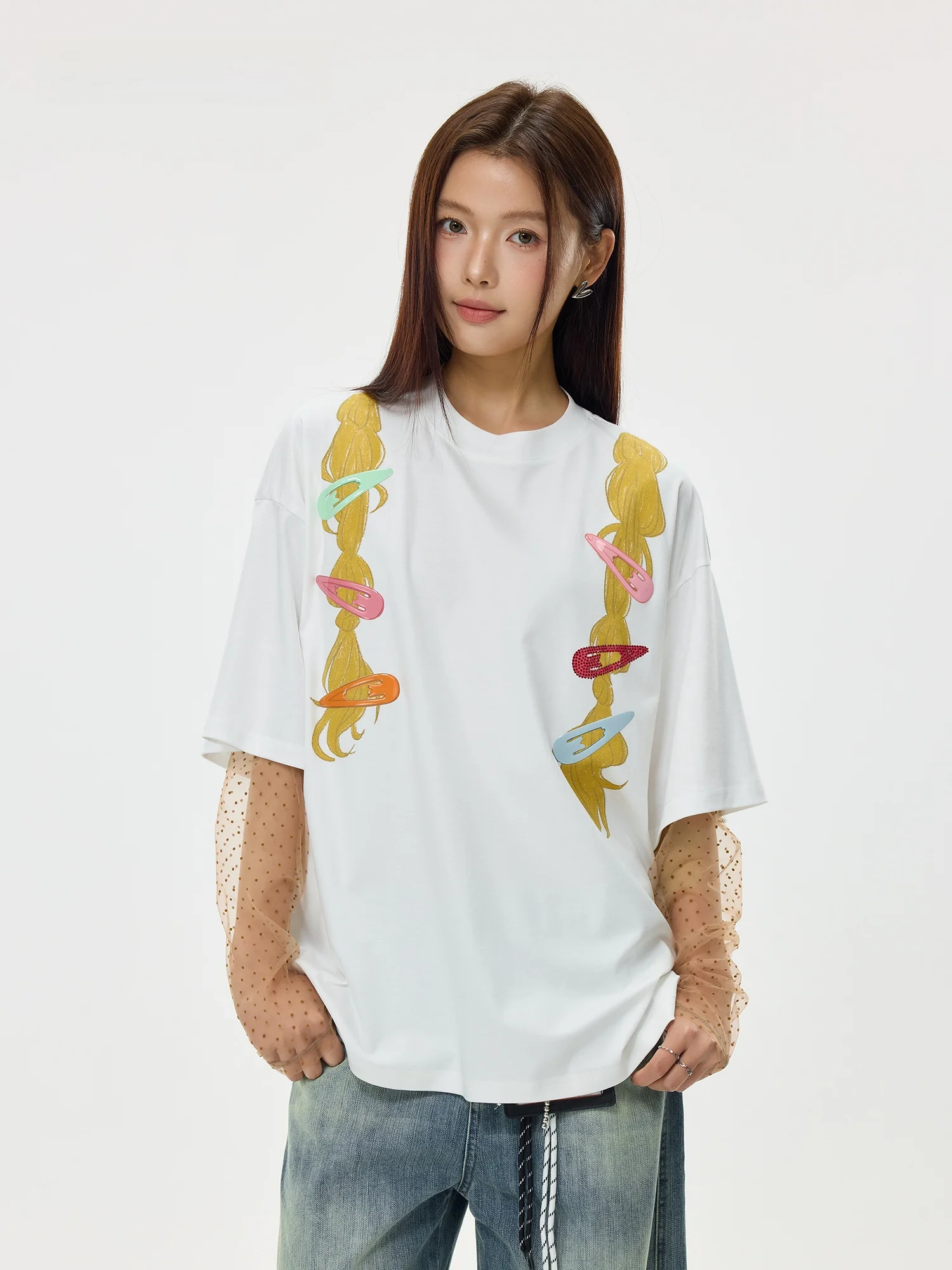 

Свободная женская футболка с длинным рукавом и круглым вырезом, с заколкой для волос в виде косы, в повседневном стиле, удобная, Ooof Yang, Весна 2026