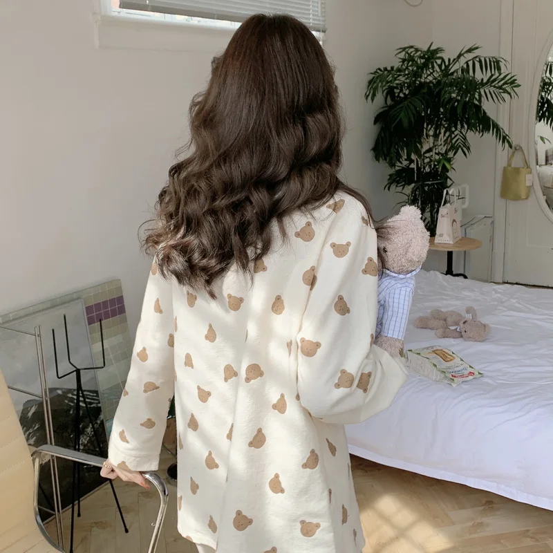 Cartoon Bear Shirts + Trousers Two Piece Pajamas Set Women Korean Kawaii Print Sleepwear Cotton Home Suit Vintage Homewear