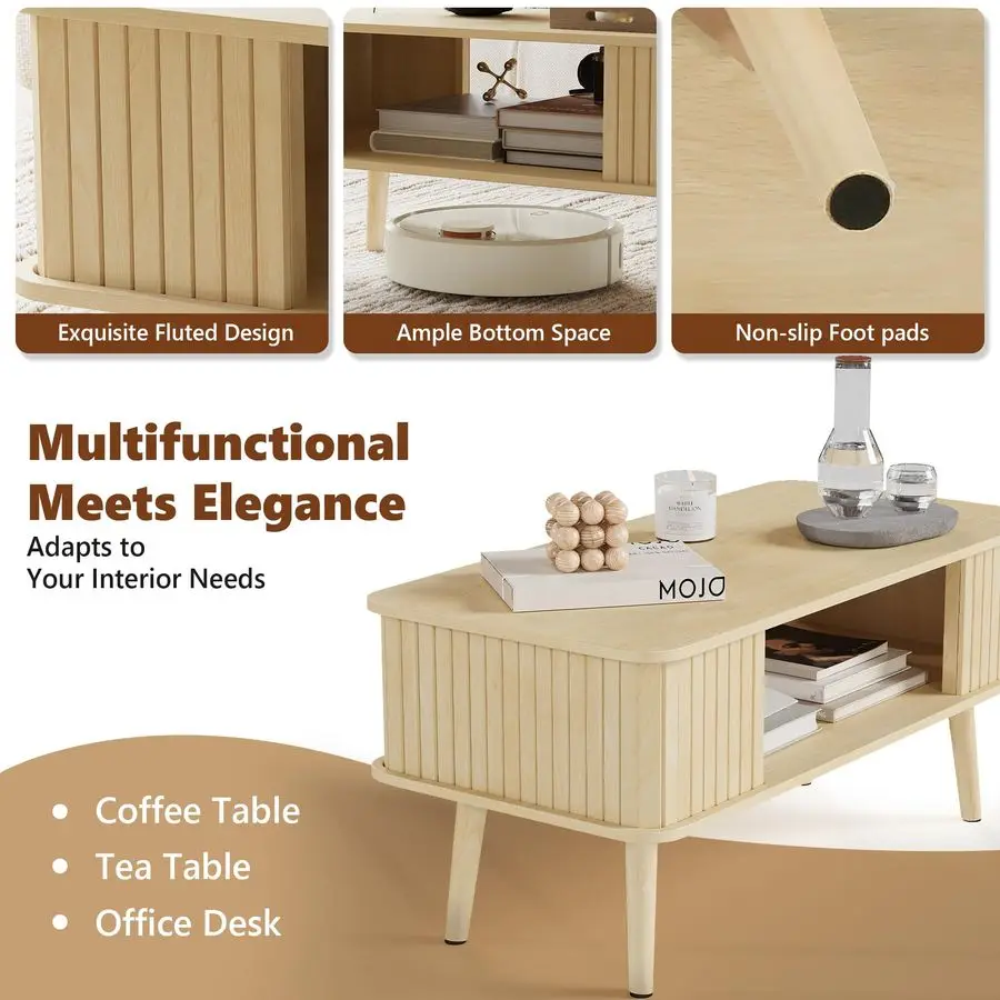 Coffee Table with Storage Center Table for Living Room Rectangle Coffee Table with Rounded Edges,Easy Assembly, Natural Wood