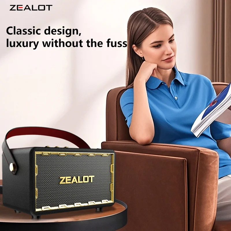 ZEALOT MT01 Altoparlante wireless portatile in legno da 60 W con 4 subwoofer, suono surround 3D per bassi di sovratensione, batteria a lunga durata 24000 mAh.