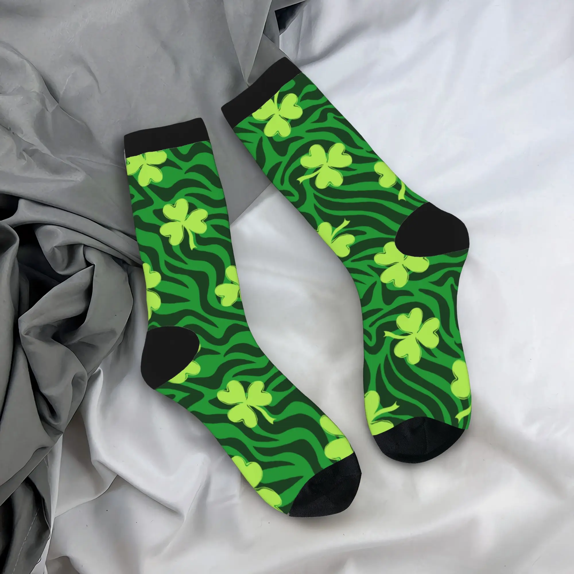

Autumn Winter Funny Men's Women's Saint Patricks Day Four Leaf Clover Socks Leopard Print Non-slip Basketball Socks