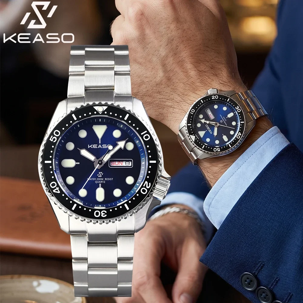 KEASO Top Mens Dive Sport Watch MIYOTA 2035 Quartz Movement C3 Super Luminous 316L Solid Steel 200M Waterproof Sapphire Watch
