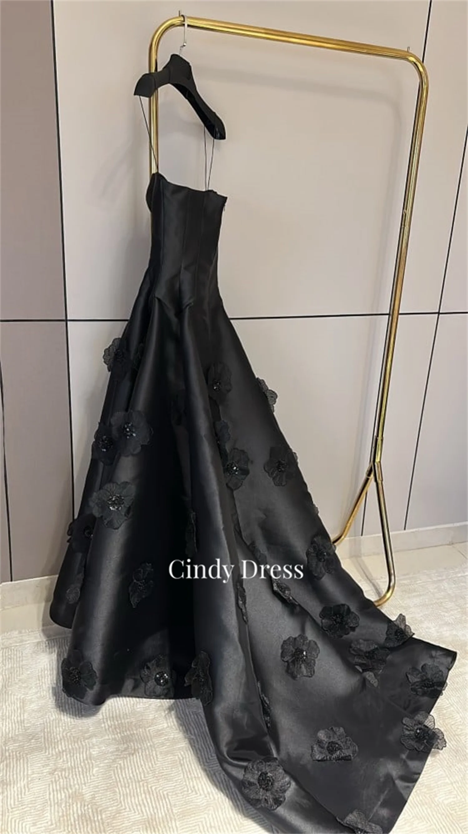 Long Tail Black Satin 3D Flowers Quinceanera Dress Customized for Formal Occasions Royal Engagement Dress Prom Gown Ball Gowns