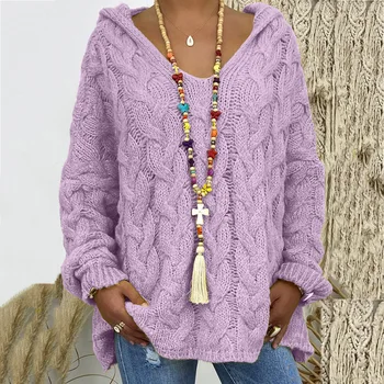Women's Twist-Knit Hooded Sweater 4 20 Colors Women Loose Twist Knot Knitted Sweaters Autumn Winter Female Knitwear Hoodie Pullover Coats XXBLH-1058 4