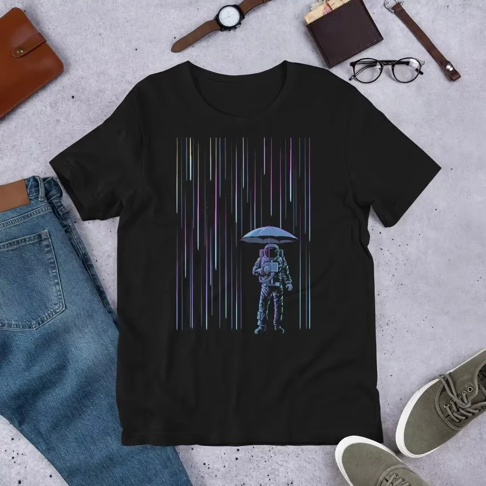 Meteor Shower Astronaut T Shirt Cosmic Surreal Space Falling Stars Shirt Retro Streetwear Crew-neck Short-sleeved Men's T-shirt