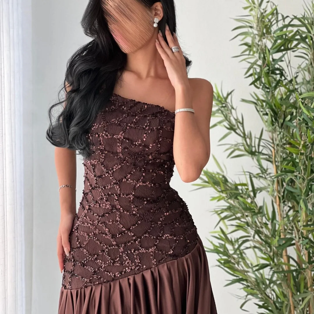 Bella Customized Brown One-Shoulder Prom Dress Beaded Bodice Satin Skirt robes de soirée Elegant Mermaid Gown Party Dresses image 2