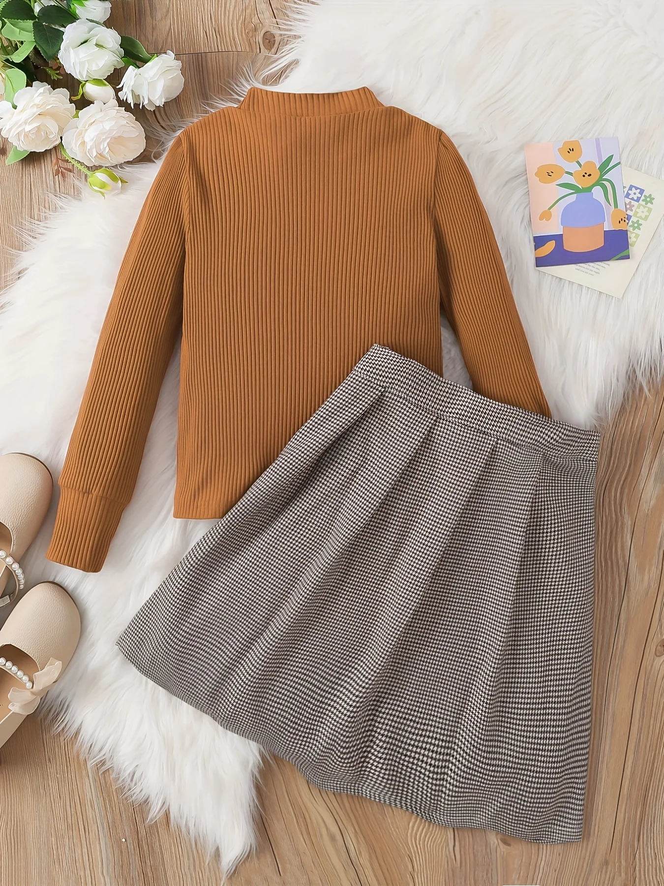 8-12yrs old All match Turtleneck sweater Houndstooth Checkered Bowknot Skirt Clothing Sets for Girls