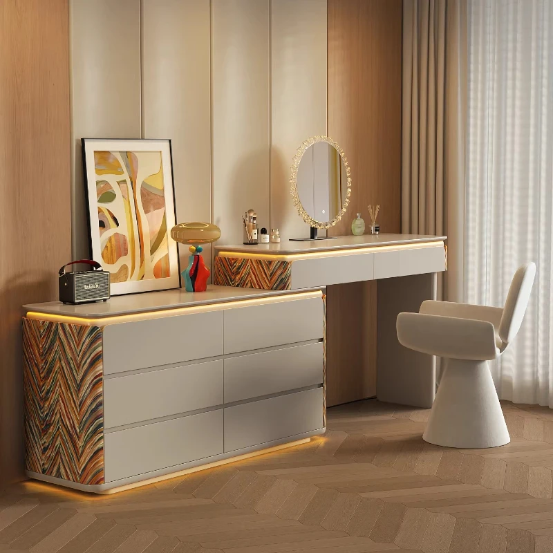 

Luxury Dressing Table Solid Wood Dressers Bedroom Integrated Chest of 6 Drawers Home Makeup Table with LED Mirror Vanity Desk