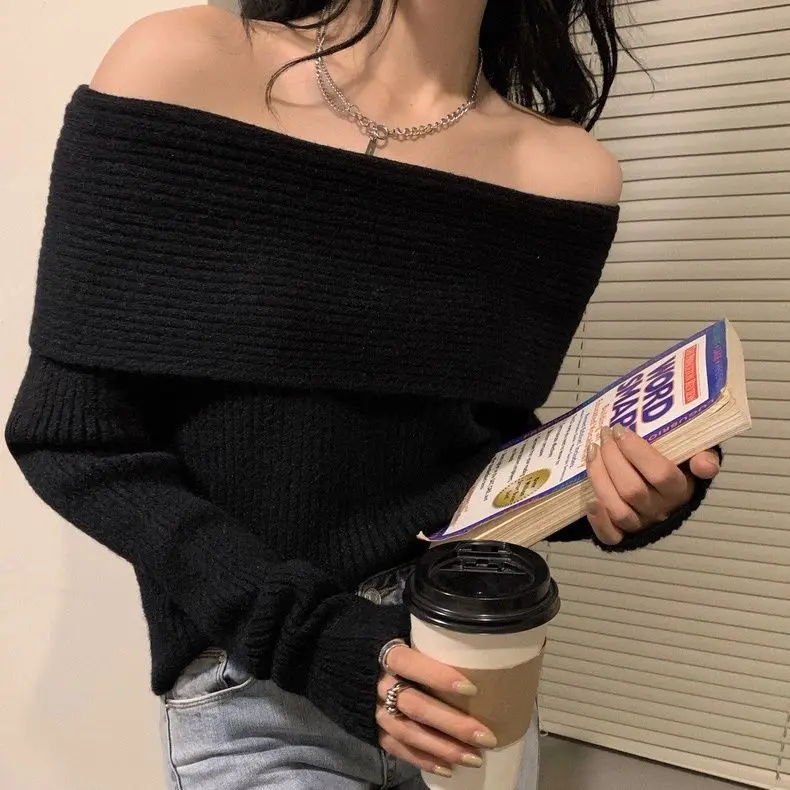 

Spring Autumn Sexy Slim Off Shoulder Slash Neck Long Sleeve Knitting Sweater Women Jumpers Office Fashion New Inner Cloth Tops