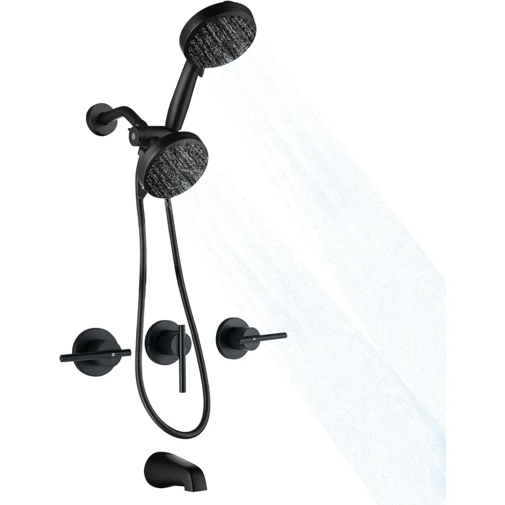 

Wall-Mounted Matte Black Shower and Tub Faucet Set with 3 Knobs and Tub Spout