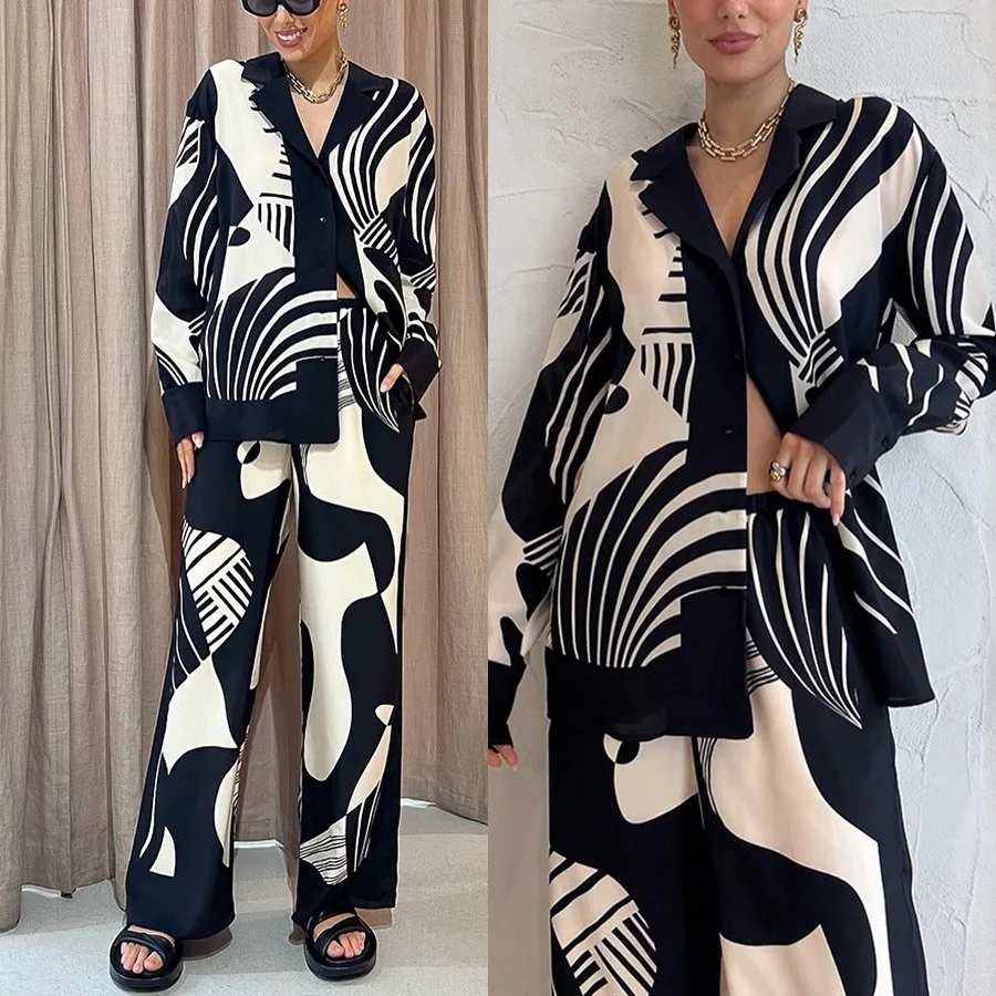 Autumn and winter new lapel casual printed long sleeved set INS loose pocket two-piece set for women traf pantalon zara